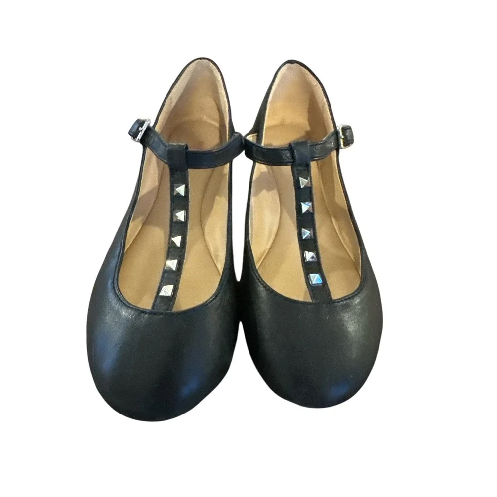Girls Black Studded T-Strap Ballet Flats Casual Dress Shoes